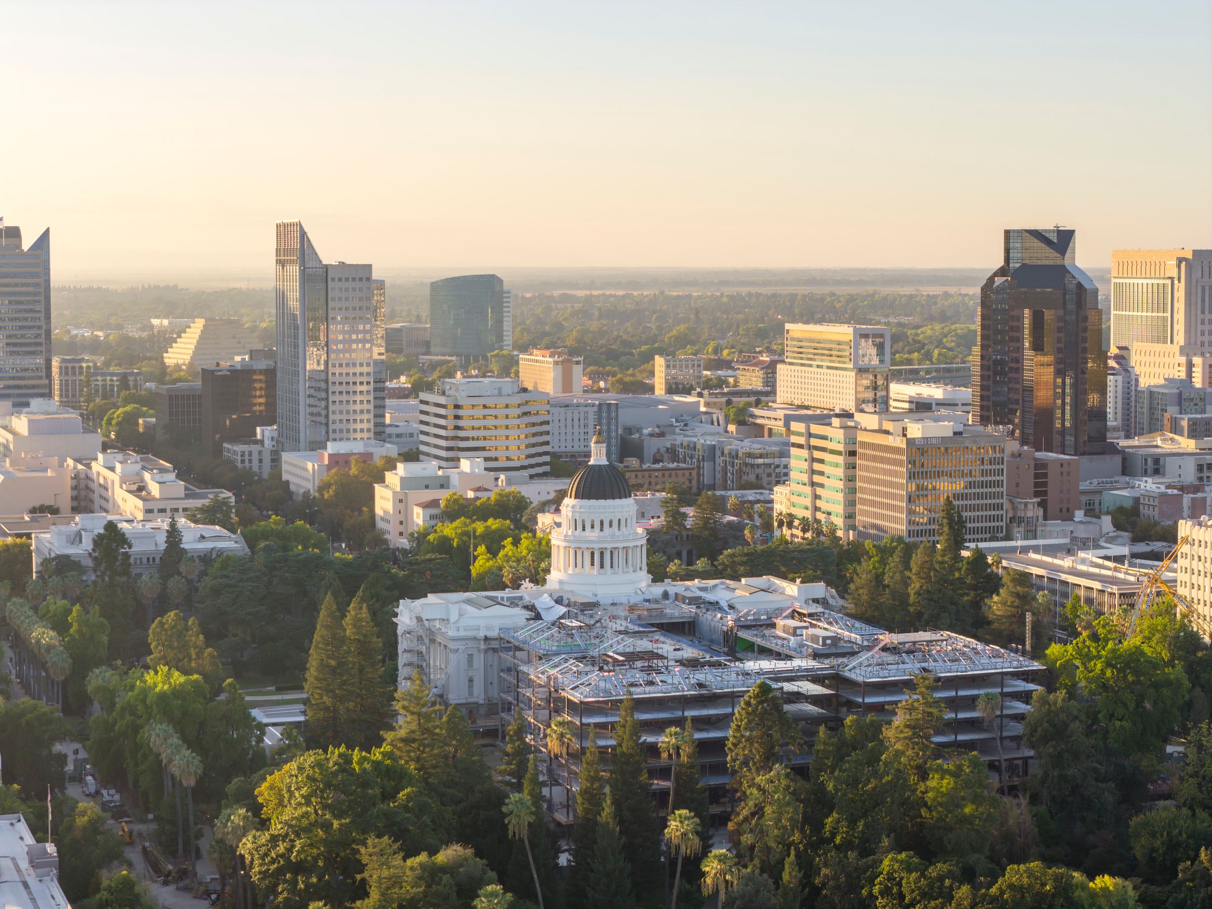 Sacramento skyline and State Capitol at dusk